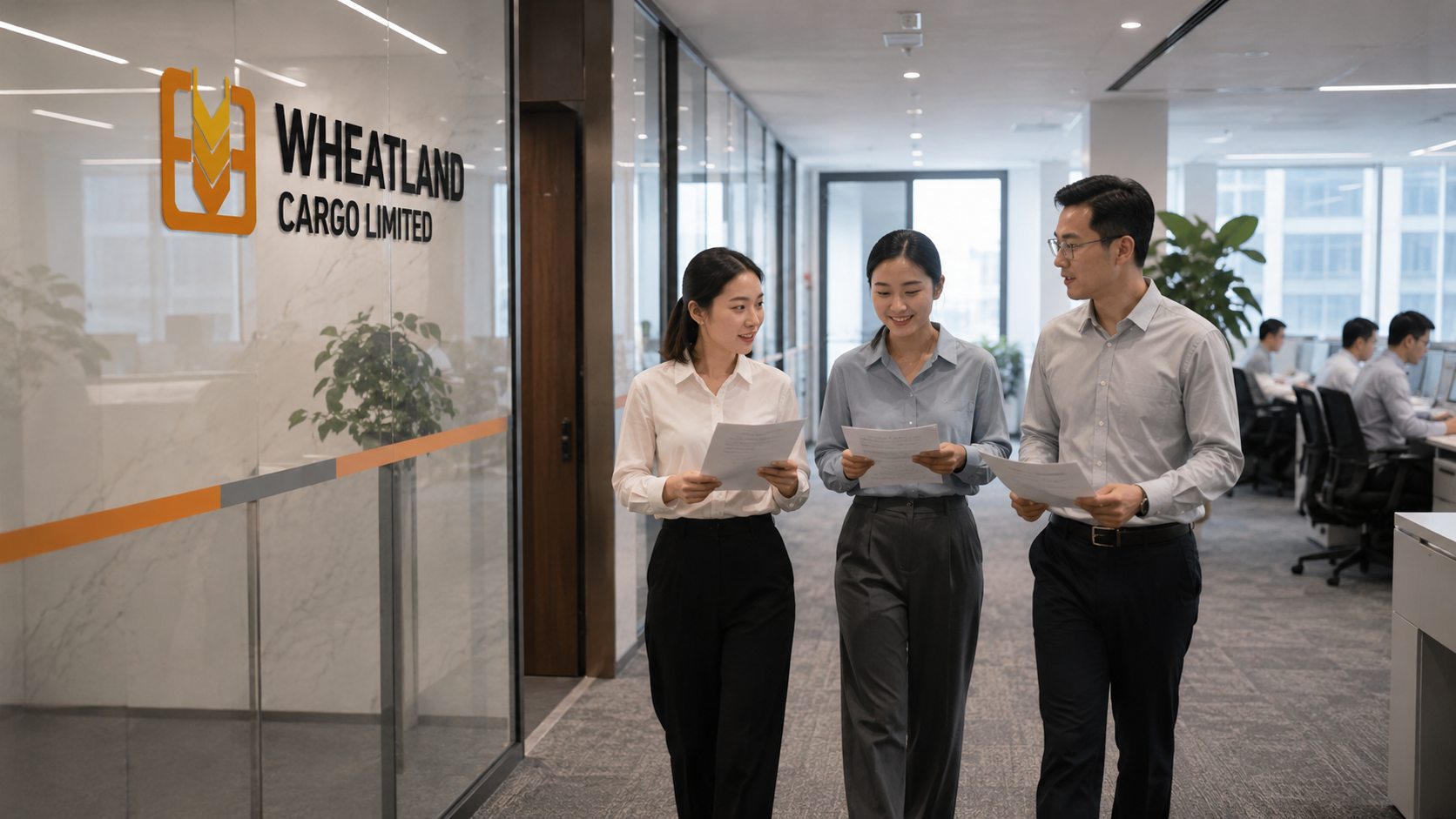 WHEATLAND CARGO LIMITED staff discussing shipment coordination in the office