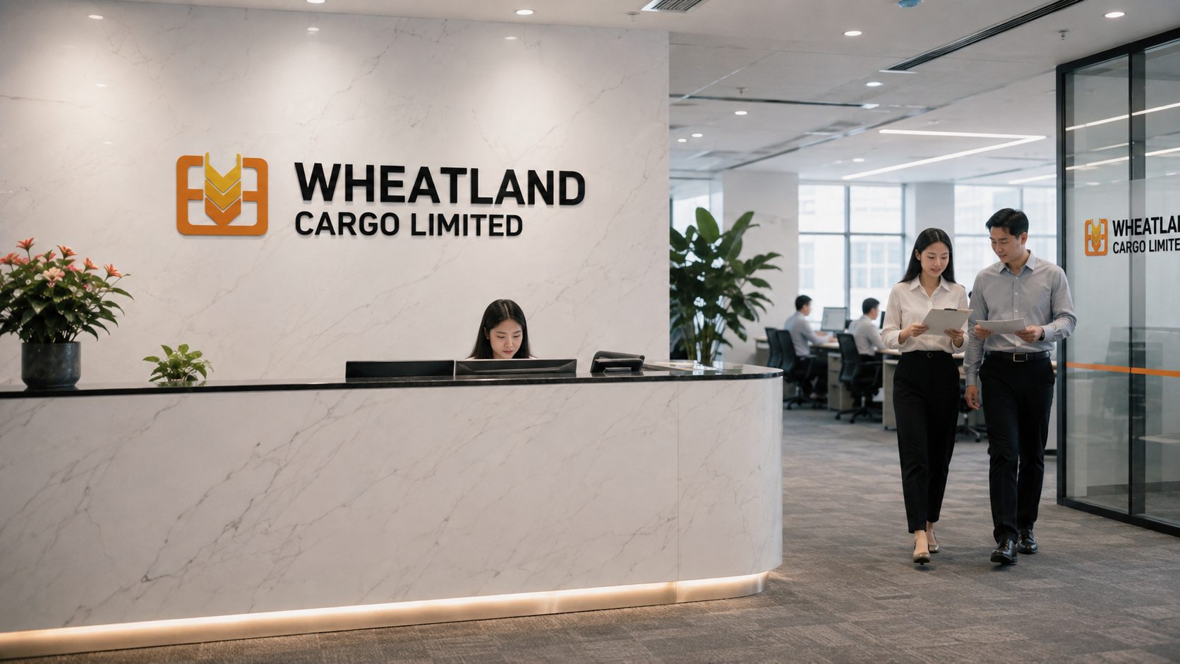 WHEATLAND CARGO LIMITED office reception with front desk and logo wall